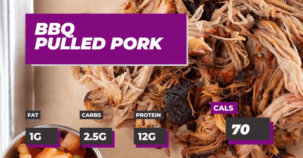 BBQ Pulled Pork, Calories 70, Fat 1g, Carbs 2.5g, Protein 12g