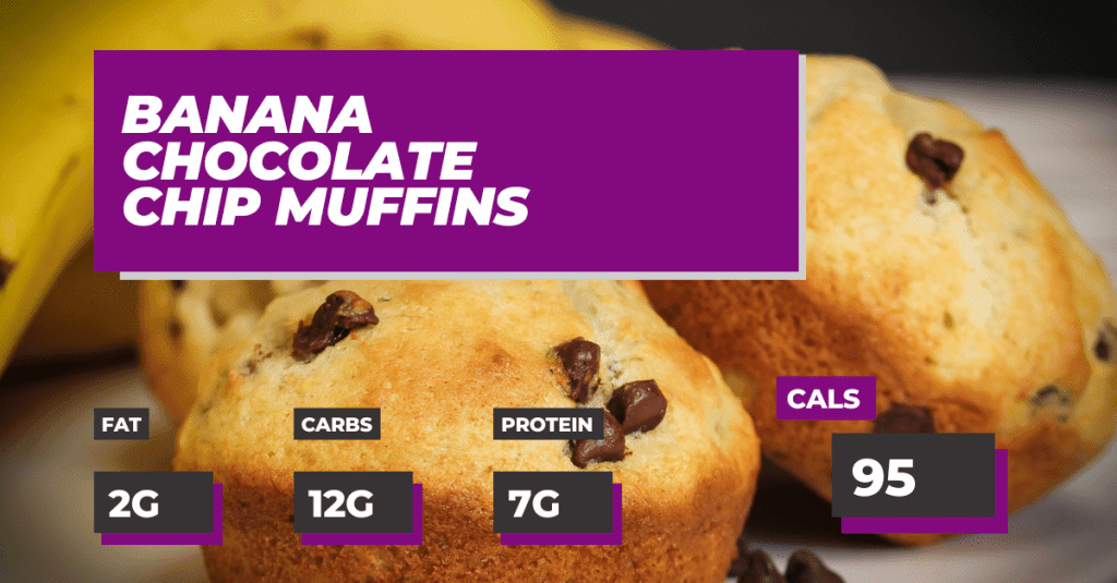 Banana Chocolate Chip Muffins Recipe: 2g Fat, 12g Carbs, 7g Protein and 95 Calories per Muffin