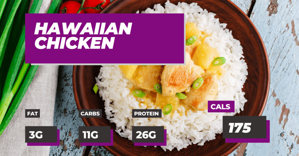 Spring Recipe Hawaiian Chicken Recipe: 175 calories, 26g protein, 11g carbs, 3g fat
