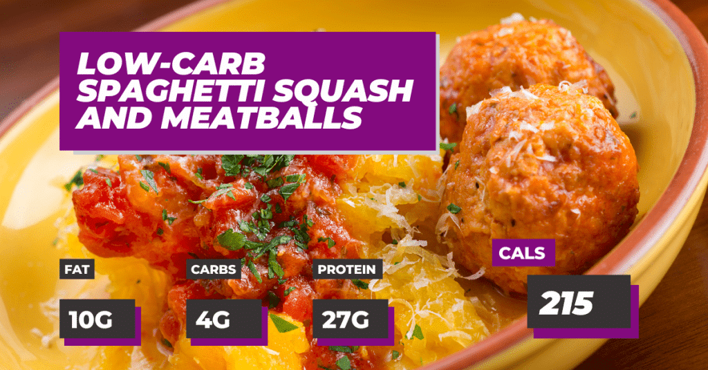 Healthy Spring Recipe for Low Carb Spaghetti Squash and Meatballs: Protein 27g, Carbs 4g, Fat 10g, Total Calories 215