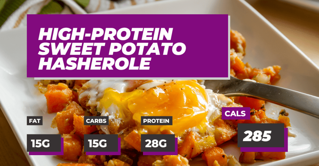High-Protein Sweet Potato Hasherole Recipe: 285 Calories Per Serving, 15g Fat, 15g Carbs and 28g Protein