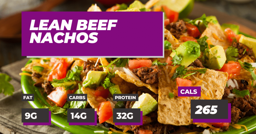 Lean Beef Nachos: 9g Fat, 14g Carbs, 32g Protein and 265 Calories Per Serving