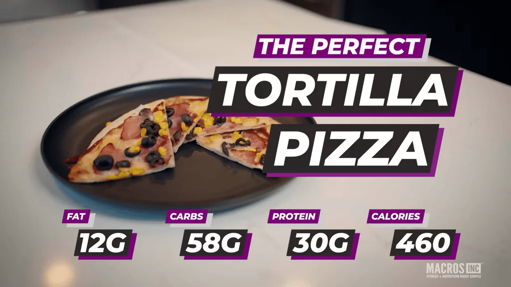 The Perfect Tortilla Pizza Recipe, Fat: 12g, Carbs: 58g, Protein: 30g.  Calories 460