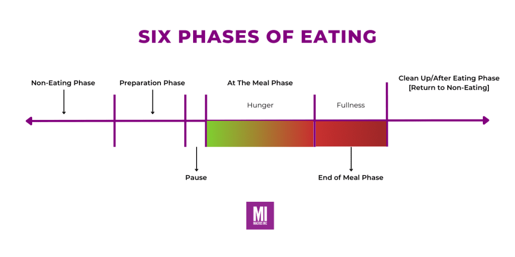 Six phases of mindful eating: non-eating phase, preparation phase, pause, at the meal phase, end of meal phase, clean up/after eating phase.