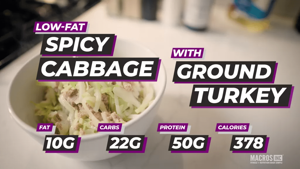 Low-Fat Spicy Cabbage with Ground Turkey Recipe, 50g Protein, 22g Carbs, 10g Fat and 378 Calories