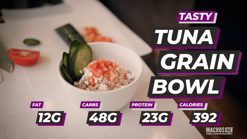 Tasty Tuna Grain Bowl Recipe, Fat: 12g, Carbs: 48g, Protein: 23g.  Total Calories 392