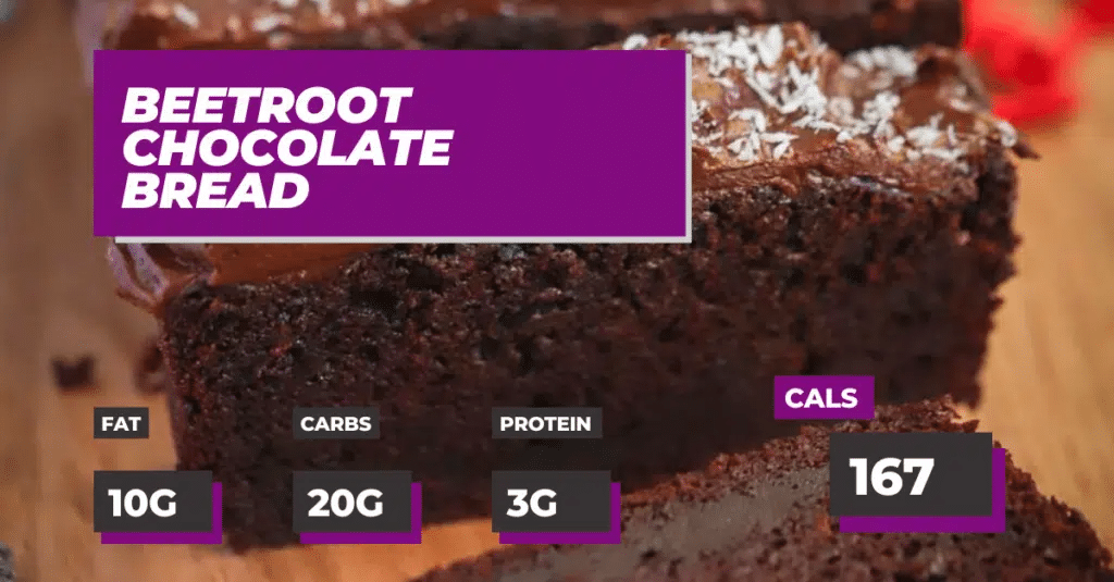 Festive Beetroot Chocolate Bread Recipe, 10g Fat, 20g Carbs, 3g Protein, 167 Calories per slice