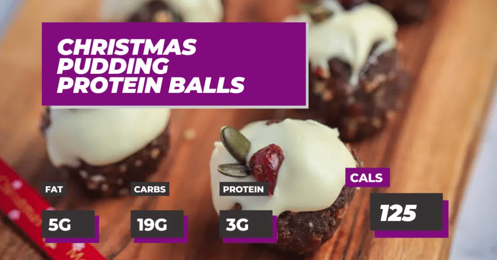 Christmas Pudding Protein Balls, 5g Fat, 19g Carbs, 3g Protein, 125 calories per ball