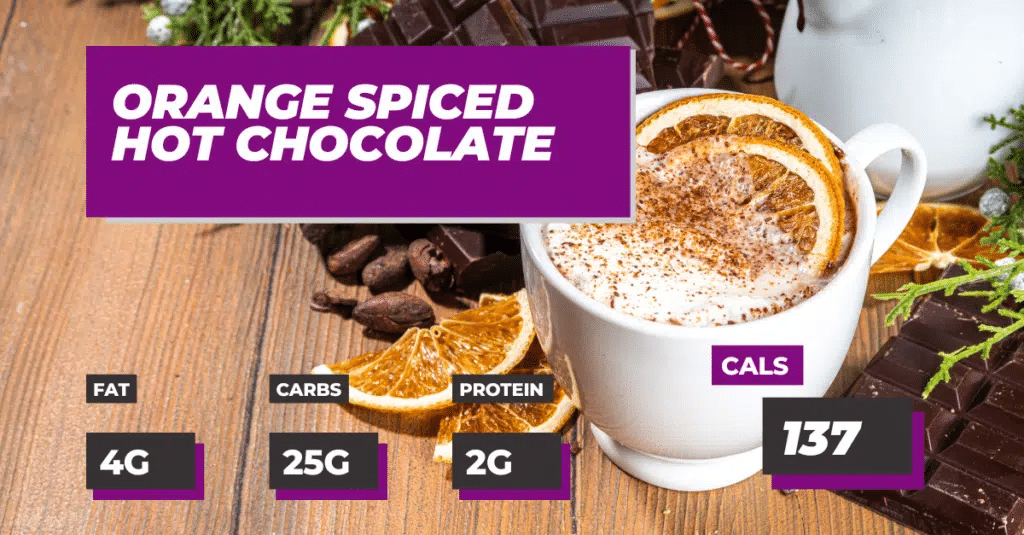 Cup of Festive Orange Spiced Hot Chocolate, 137 calories, 4g fat, 25g carbs and 2g protein