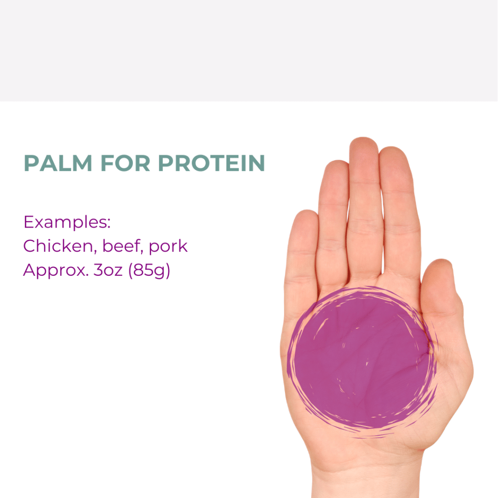 a hand showing to use a palm size porton for your protein