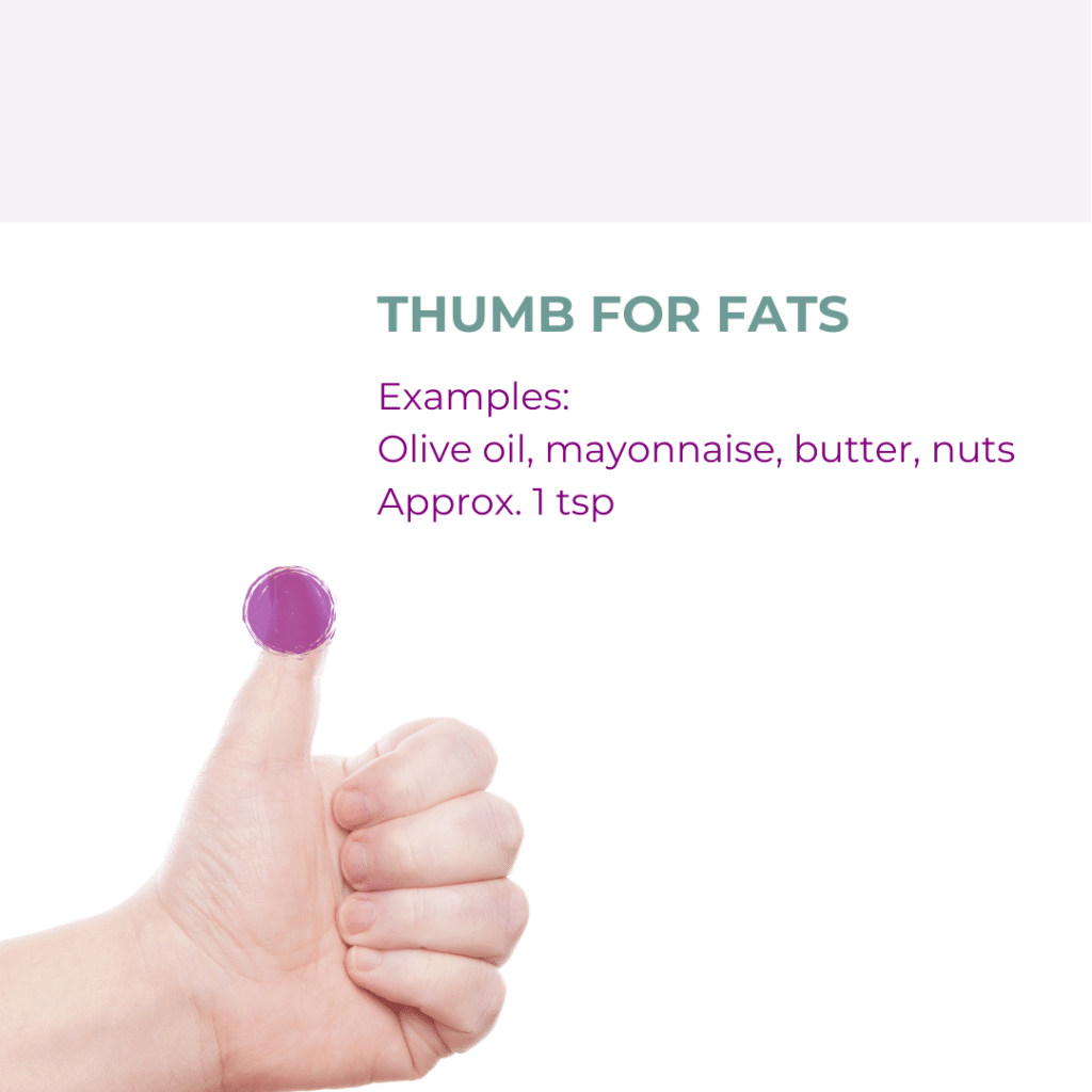 a hand showing to use a thumb size portion for your fats.