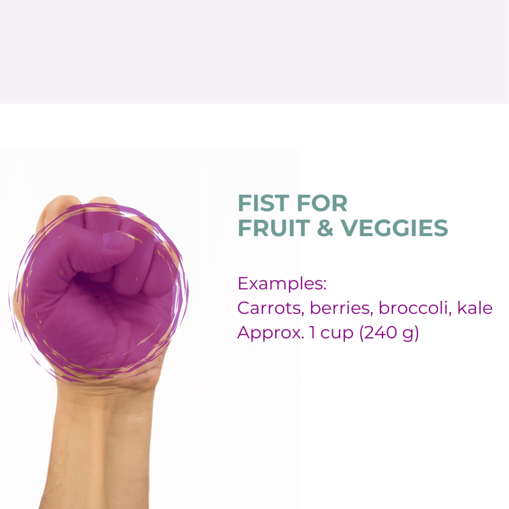 a fist showing to use a fist size portion for fruit & veggies