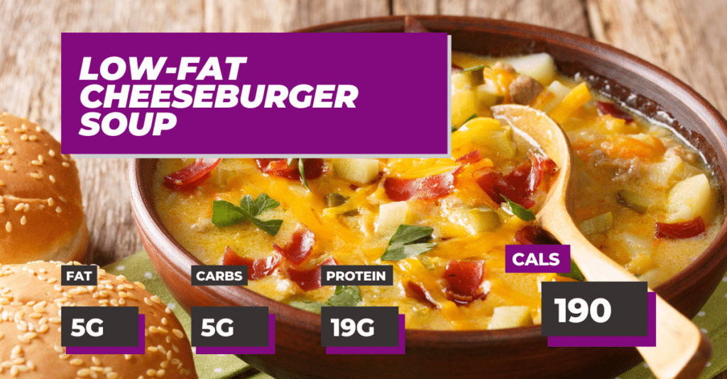 Low-Fat Cheeseburger Soup Recipe: 190 Calories, Fat: 5g, Carbs: 5g, Protein:19g