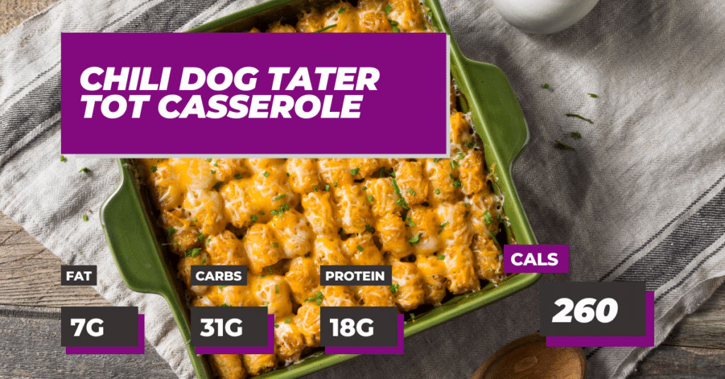 Macro-Friendly Chili Dog Tater Tot Casserole Recipe: 260 calories, Fat:7g, Carbs:31g and Protein:18g