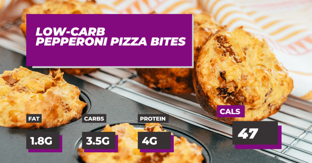 Low Carb Pepperoni Pizza Bites Recipe: 1.8g fat, 3.5g carbs, 4g protein and 47 calories per bite