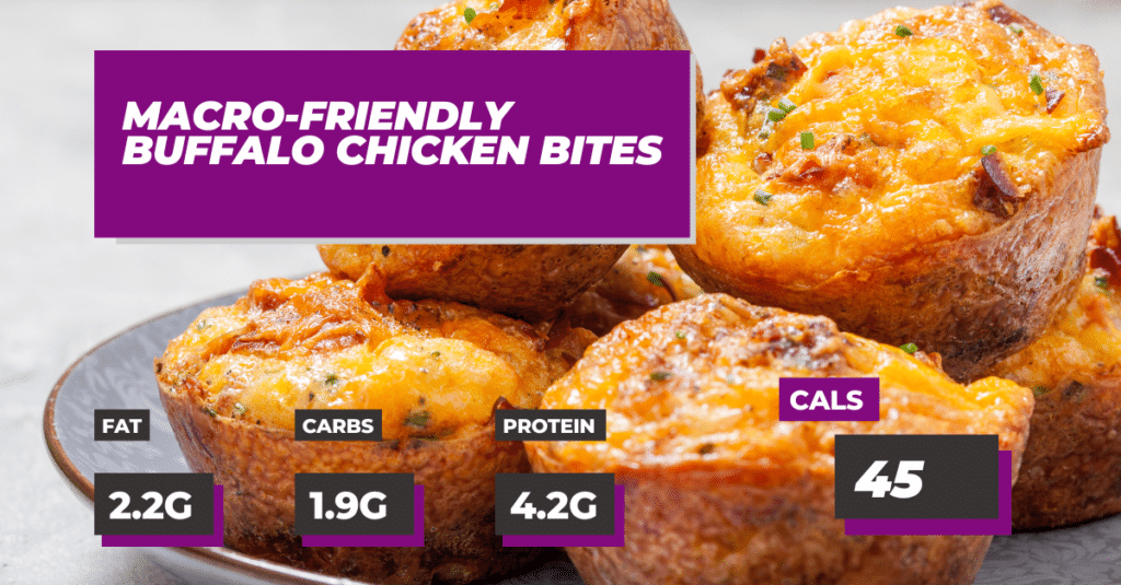 Healthy Spring Recipe for Macro Friendly Buffalo Chicken Bites: 45 calories, 4.2g protein, 1.9g carbs, 2.2g fat