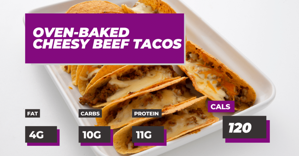 Oven-Baked Cheesy Beef Tacos Recipe: 4g Fat, 10g Carbs, 11g Protein and 120 calories per serving