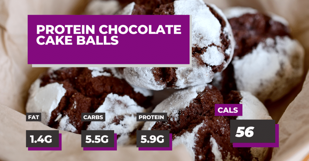 Protein Chocolate Cake Balls Recipe: 56 calories per ball, 5.9g Protein, 5.5g Carbs and 1.4g Fat