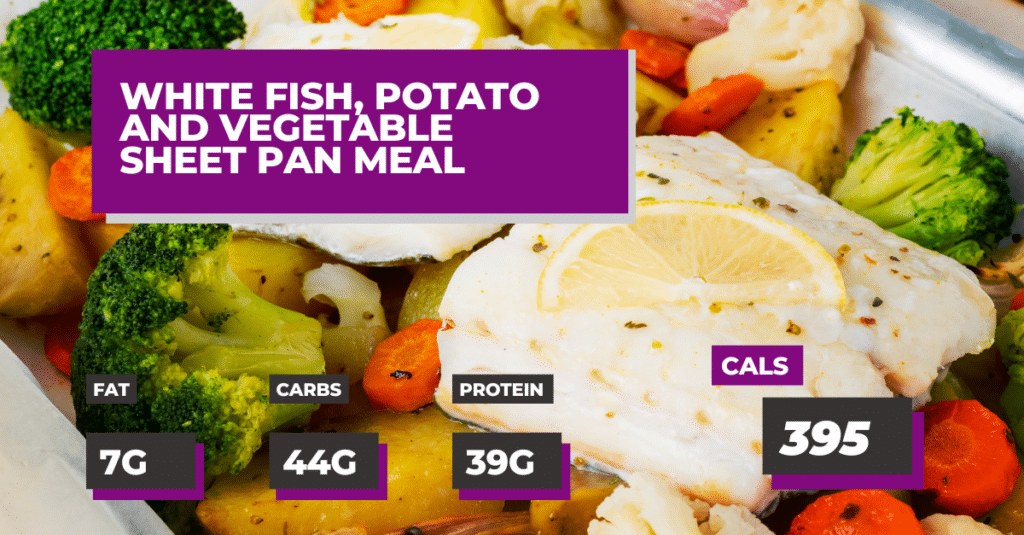 White Fish, Potato, and Vegetable Sheet Pan Meal. F:7g, C:25g, P:16g, Total calories 395