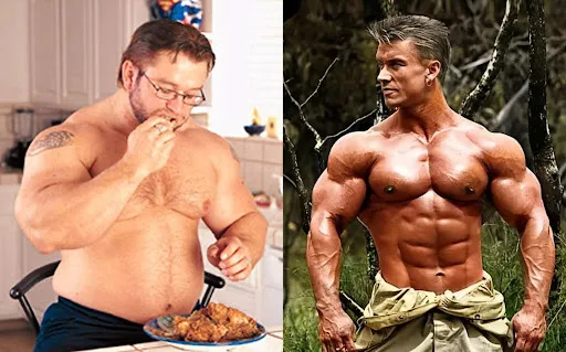 A side-by-side comparison of fat into muscle with professional bodybuilder Lee Priest showing his offseason vs contest shape.