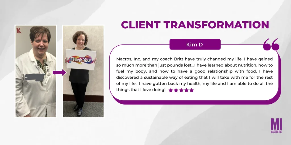 Client Kim's transformation through nutrition and coaching