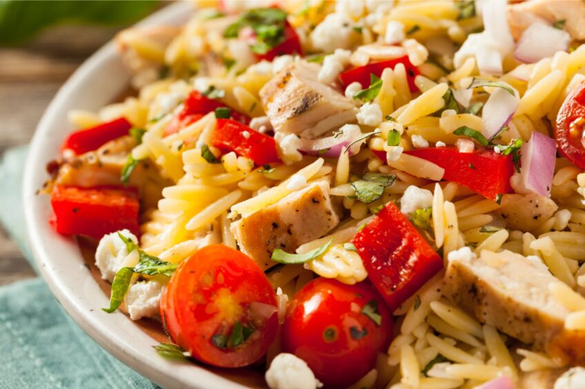 Greek Chicken and Orzo One-Pan Traybake, Fat: 29g, Carbs: 50g, Protein: 45g, Calories 635